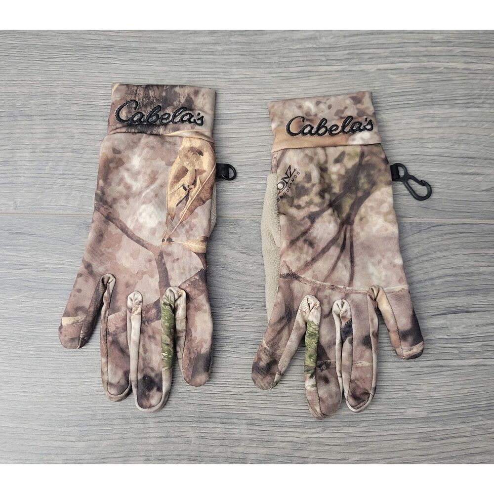 Cabela's Mens Zonz Woodlands Camo Gloves S Reg Powerstretch Liner Brown Green